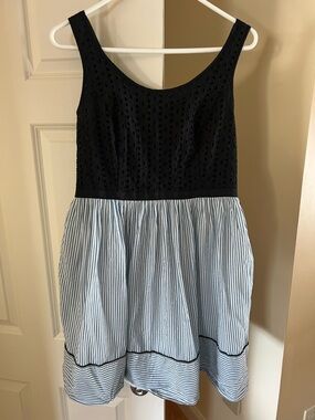 Loft Sleeveless Dress Size 8 Black Blue White Stripes Eyelets Zip Back Casual